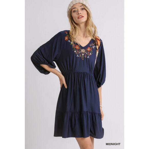 UMGEE Navy Floral Embroidered V-Neck Tiered Ruffle Boho Babydoll Dress Size S - Picture 5 of 10